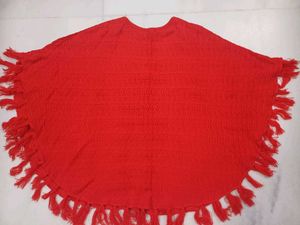 Red Fringed Knit Poncho
