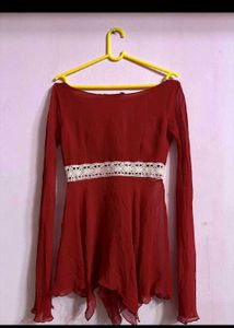Long Sleeve Deep Neck Red Top