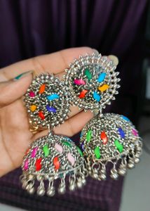 Silver Jhumka With Multi Colour Stone