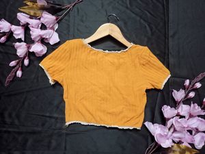 Musturd Ribbed Crop Top with Button Details