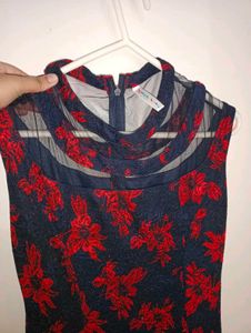 Elegant Navy Blue &amp; Red Floral Long Dress
