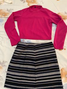 Combo Striped A-Line Mini Skirt and Hot Pink Top