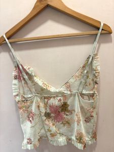 Beautiful Floral Ruffle Trim Mesh Top