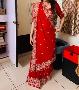 Pure Deisgner Red Pita Gota Work Saree With Blouse