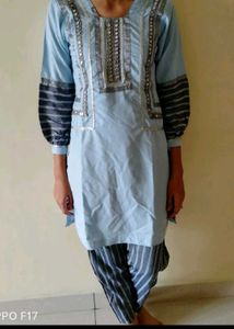 Sky Blue Lace Neck Kurta Set