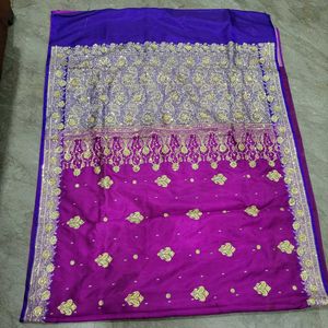 Purple Embroidered Zari Work Saree with Blouse