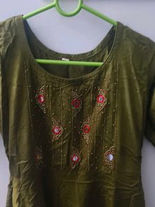 Olive Green Embroidered Kurta