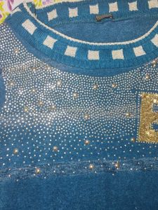 Embellished Blue Knit Pullover
