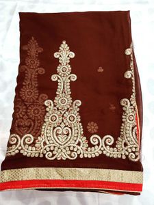 Elegant Brown &amp; Gold Embroidered Saree