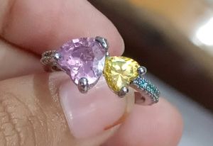 Real 925 Silver Pink & Yellow Heart Ring