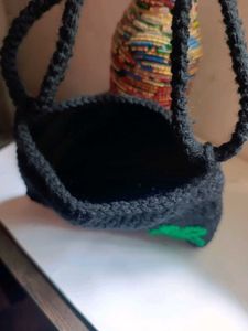 Crochet Black Bag with Green Flower