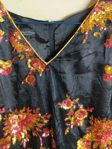Black Neted Flower Sequins Kurta