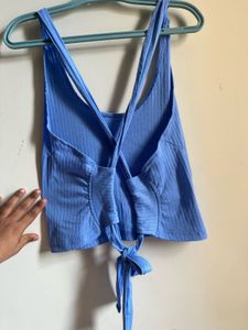 Blue Ribbed Tie-Back Crop Top