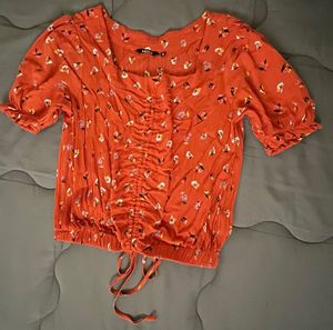 Casual Printed Cotton Crop Top - Orange (S)