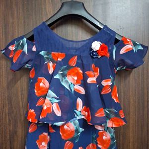 Navy Blue Floral Cold-Shoulder Layered Gown