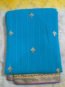 Blue Sari with Gold Embroidery