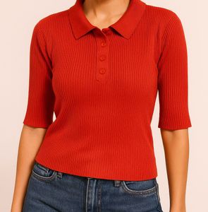 Red Ribbed Knit Polo Top