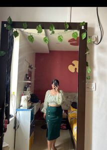 Green Printed Crop Top And A-line Skirt