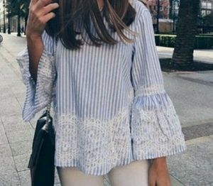 Zara Blue Striped Lace Trim Top
