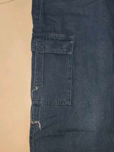 Blue Denim Wide Leg Cargo Pants