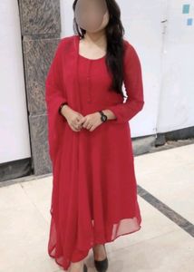 Red Georgette Circular Frock Suit With Dupatta