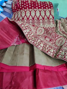 Fish Cut Bridal Red Velvet Lahenga