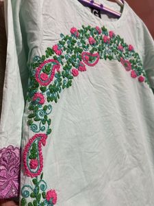 Embroidered Mint Green Short Kurti