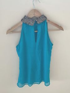 Chic  Sequin aqua blue Collar top
