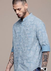 Abstract Print Blue Casual Shirt, Size:M