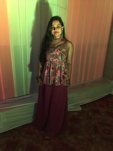 pinki wine shade sharara set included one side knot top with sharara pant and butterfly dupatta( stitched)