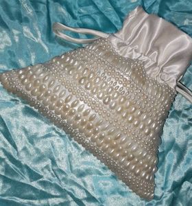 Satin Hand Bag With Beautiful White Pearls