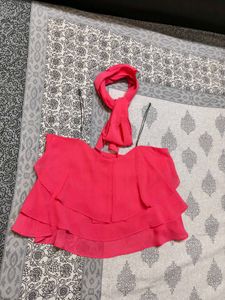 Women Pink Layered Strappy Neck Tie Crop Top