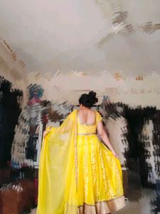 Yellow Anarkali Dress With Net Duppata &amp; Pant