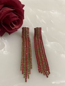 Red and Golden Stone Long Chain Earrings