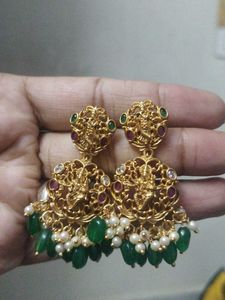 Combo Of 2 Pairs Ear Rings Gold Finish Green Beeds