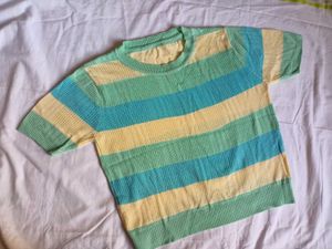 Stripped Cotton Crop Top Crew Neck