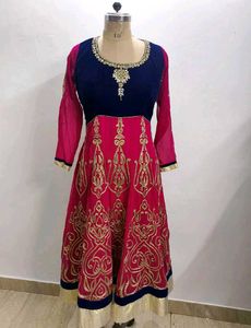 Elegant Embroidered Velvet-Trimmed Gown