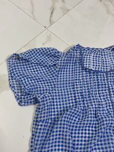 Blue Gingham Ruffle Hem Top