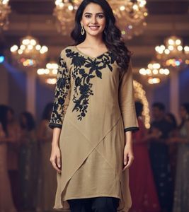Elegant Beige Tunic with Black Embroidery
