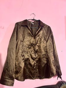 Brown Satin Button-Up Shirt