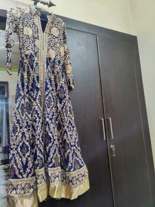 Elegant Blue &amp; Gold Anarkali Suit With Dupatta