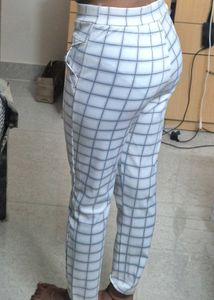 White Grid Slim-Fit Trousers with Side Pocket