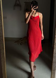 RED CHIFFON SLIP MIDI  DRESS