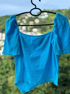 Blue Corduroy Puff Sleeve Top