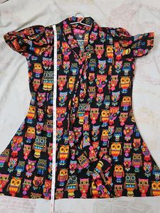 Owl Print Tie-Neck  Feeding Dress
