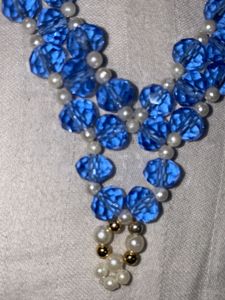 Blue Crystal &amp; Pearl Necklace Earrings Set