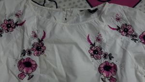 Madame White Blouse With Pink Embroidered Flowers