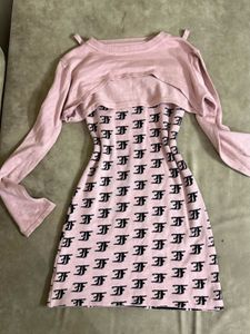 Pink Patterned Ribbed Mini Dress