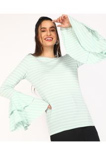 Casual Bell Sleeves Striped Women Green,White Top