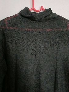Gray Turtleneck Top with Lace Detail